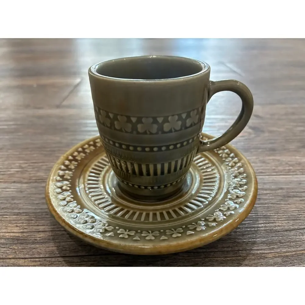 VTG Wade Co Armagh Irish Porcelain Green Demitasse Cup & Saucer Ireland Clover